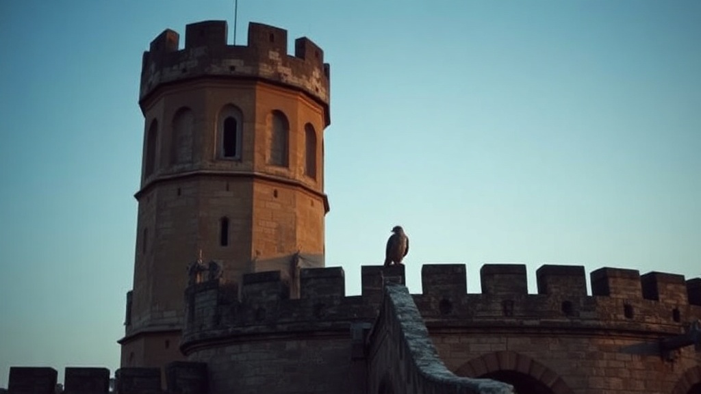 Falcon perched on a stone mews tower at dawn