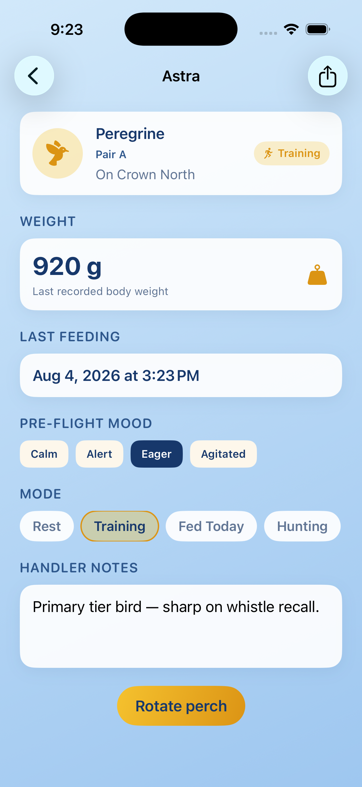 Bird profile with mood and weight