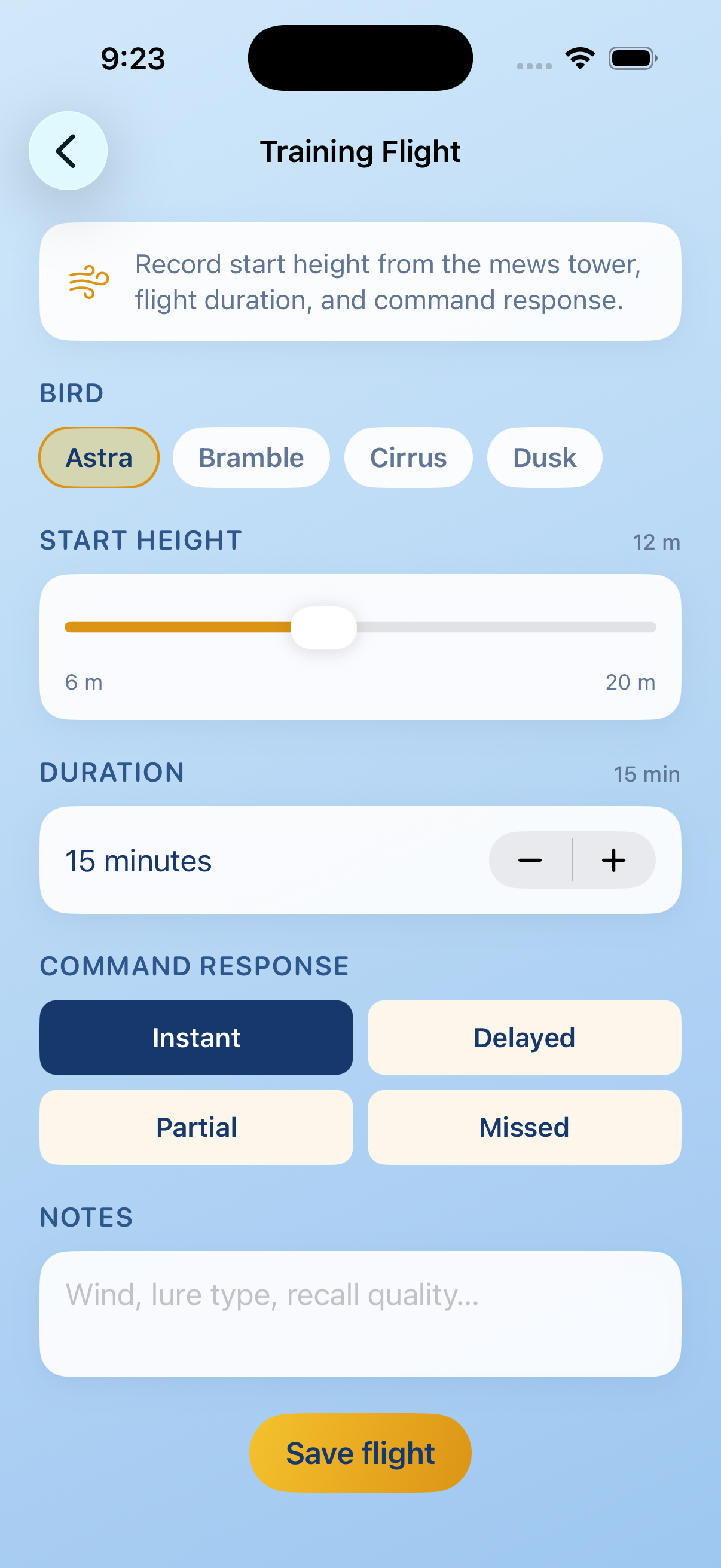 Training flight capture form